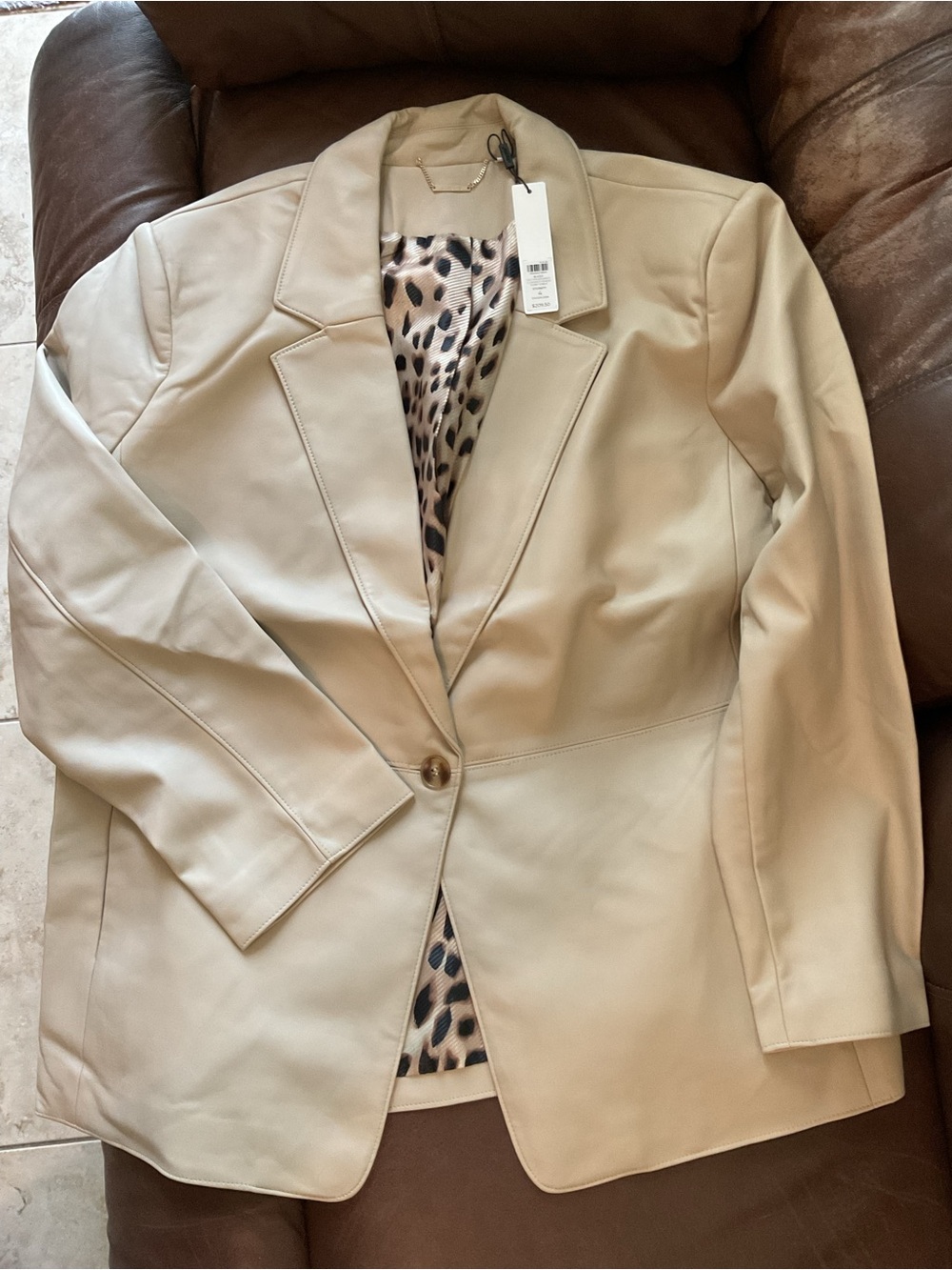 Chico's Cream Faux Leather Single-Button Blazer with Leopard Lining - Chico’s 4